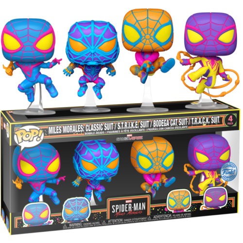 Funko - Marvel - Spider-Man Miles Morales - Miles Morales: Classic Suit, Strike Suit, Bodega Cat Suit & Track Suit Blacklight (#4-pack)